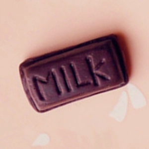 Macro detail of dark brown resin chocolate charm with MILK text for DIY crafts