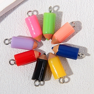 Set of 8 colorful resin pencil pendants with metal rings for DIY jewelry making