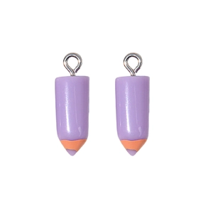 Detailed macro view of purple resin pencil charms with silver metallic loop hangers