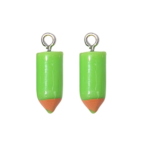 Detail of green resin pencil charms with silver eyelet hooks for DIY jewelry making