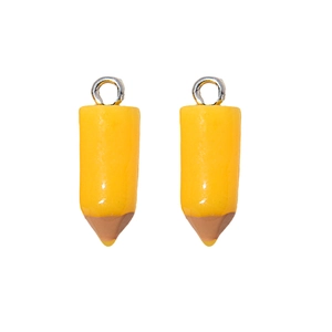Close-up of a pair of bright yellow 2B pencil-shaped resin charms with silver hooks