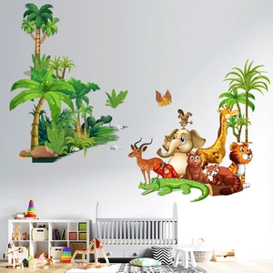 Cartoon Jungle Forest Animals Wall Stickers Waterproof PVC Removable DIY Elephant Giraffe Lion For Kids Nursery Playroom Bedroom
