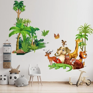 Cartoon jungle animal wall stickers featuring giraffe elephant and tiger for nursery decor