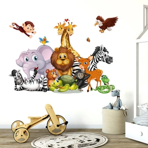 Cartoon animal wall stickers featuring elephant, lion and giraffe in a nursery setting