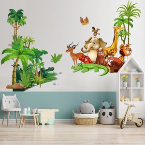 Cartoon forest animals wall decals featuring elephants and giraffes for kids room decor