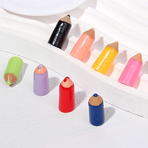 Set of 8 colorful mini resin pencils for DIY crafts on a white tiered background