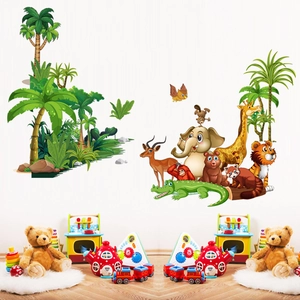 Cartoon jungle animals wall decals with elephant and giraffe for nursery decoration