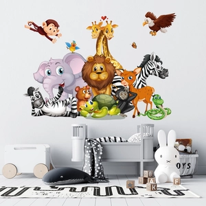 Self-adhesive wall stickers with cartoon elephant, giraffe and lion for nursery room decoration