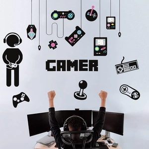 Gamer wall sticker set with pixel style letters and game controllers for room decor