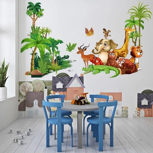 Detailed jungle animal wall stickers featuring cartoons of elephants and giraffes in child room