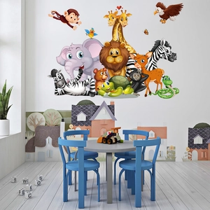 Vibrant cartoon jungle animal wall stickers showing a lion, elephant and giraffe in a nursery