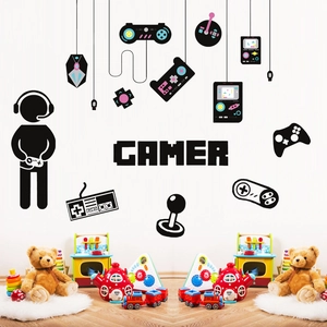Self-adhesive gamer wall decals featuring controllers and gaming silhouettes for room decor