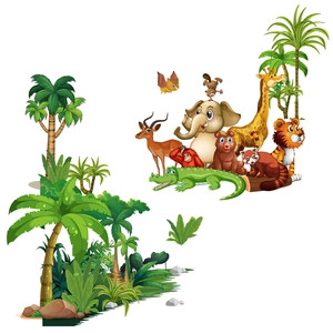Cartoon jungle animal wall stickers featuring giraffe elephant tiger and tropical plants