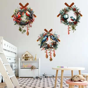 Christmas wall decals featuring pine wreaths, red berries, and birds for nursery room decor