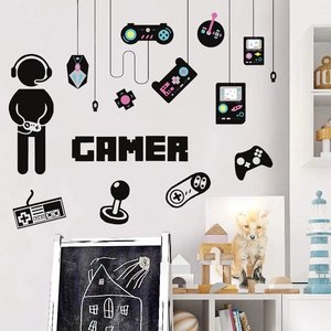 Gamer wall decal set with pixelated font and retro console controller silhouettes