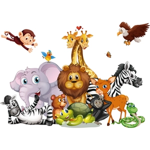 Cartoon animal wall stickers with lion, elephant, and zebra for nursery room decoration
