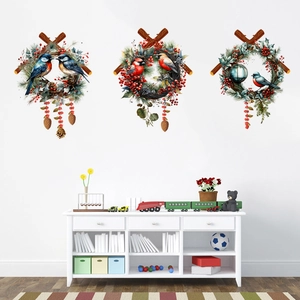 Winter wreath wall stickers with birds and pine cones for home nursery decoration