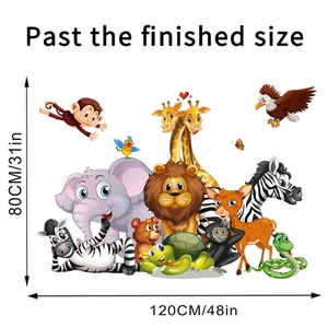 Detailed view of DIY safari animal wall decals featuring elephants and lions in 120x80cm size