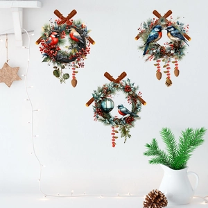 Detail of Christmas bird wreath wall stickers with pine cones and berries on white wall