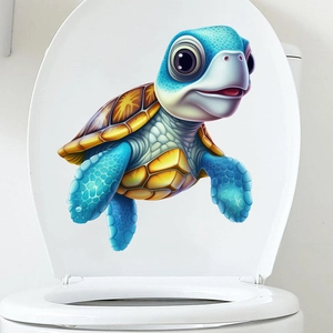 Detailed 3D blue turtle wall sticker applied on a white bathroom toilet cover surface