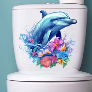 Self-adhesive dolphin and tropical flowers wall sticker on a white toilet water tank