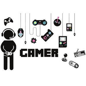 Self-adhesive gamer wall decals featuring controllers and gamer text for living room decor
