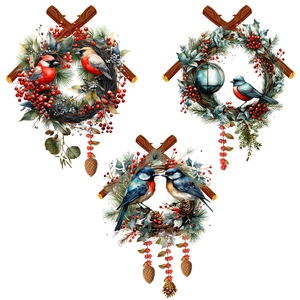 Detailed view of three festive wall stickers featuring birds, pine needles, and red berries