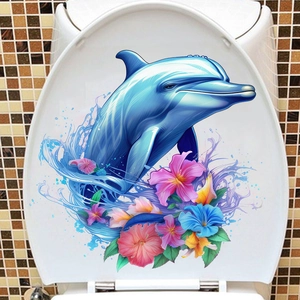 Self-adhesive dolphin and tropical flowers waterproof decal applied to a white toilet lid