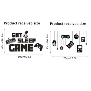 Detail view of EAT SLEEP GAME wall stickers with retro controller icons and size dimensions