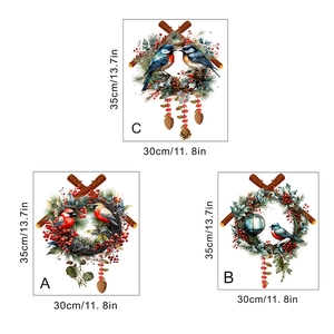 Three-piece set of Christmas wall stickers featuring birds, pine cones, and red berries