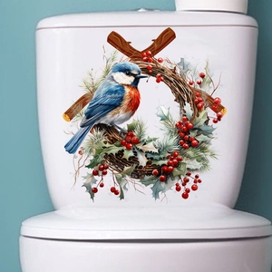 Self-adhesive wall sticker with winter bird and berry wreath for bathroom toilet decor