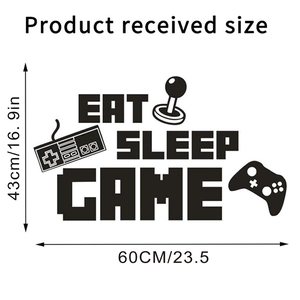 Dimensions of Eat Sleep Game wall decal showing 60cm by 43cm product size for gamers