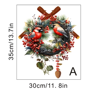 Detail of winter wall sticker showing bullfinches on a pine wreath with berries