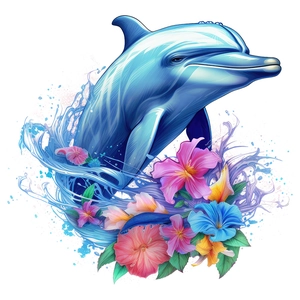 Self-adhesive wall sticker featuring a glossy blue dolphin and vibrant tropical flowers