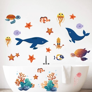 Cartoon Ocean World Whale Sea Turtle PVC Wall Stickers Waterproof Self Adhesive Underwater Animals Mural Decal For Kids Room Bathroom Decor