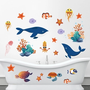Cartoon ocean animal wall stickers with whales and turtles for bathroom wall decoration