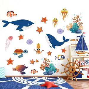 Cartoon ocean world wall stickers with whale and sea turtle for kids room decoration