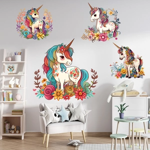 Adesivi murali unicorno con fiori colorati per cameretta bambini, set di 4 pezzi