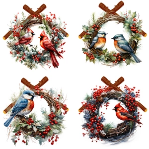 Watercolor bird wall decals with pine branches and red berries for Christmas decor