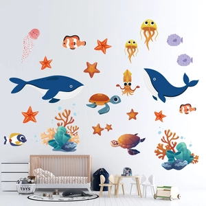 Ocean world wall stickers with whales and turtles for kids room nursery wall decor