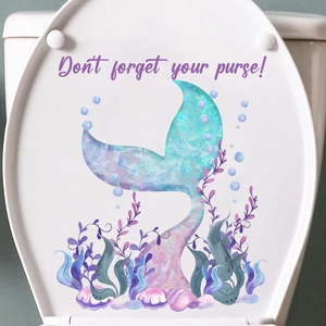 Mermaid tail and seagrass self-adhesive toilet sticker with watercolor marine elements