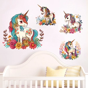 Adesivi Murali Unicorno Giardino di Fiori Colorati Floreali Unicorno Adesivi per Camera Bambini Vivaio Soggiorno PVC Impermeabile Autoadesivo Murales d'Arte