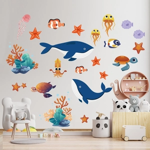 Detailed view of colorful ocean world wall stickers featuring whales and sea turtles