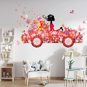 Floral fairy car wall sticker with butterfly and heart decals for girls' room decor