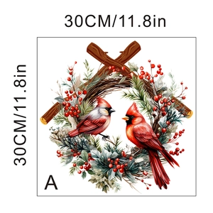 Detail of adhesive wall sticker showing cardinal birds on winter wreath, 30cm size