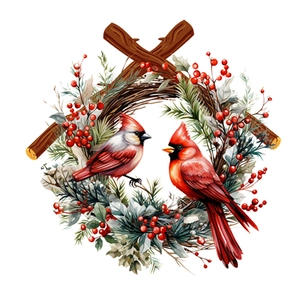 Detail of self-adhesive wall sticker with red cardinals and winter berry wreath design