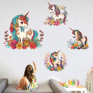 Adesivi murali unicorno con fiori colorati per la decorazione della camera dei bimbi