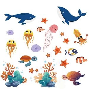 Cartoon sea life wall decals featuring whales, turtles, and colorful corals for bedroom