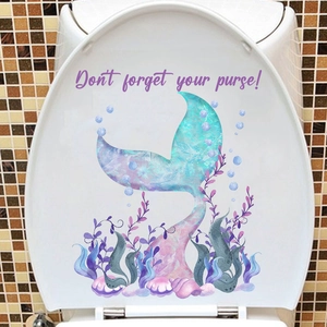Waterproof mermaid tail toilet lid sticker with bubbles and humorous purple text