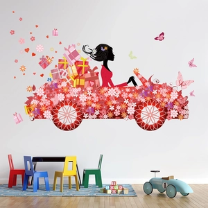 Girl flower fairy on float car wall sticker for kids bedroom decor with butterfly and hearts